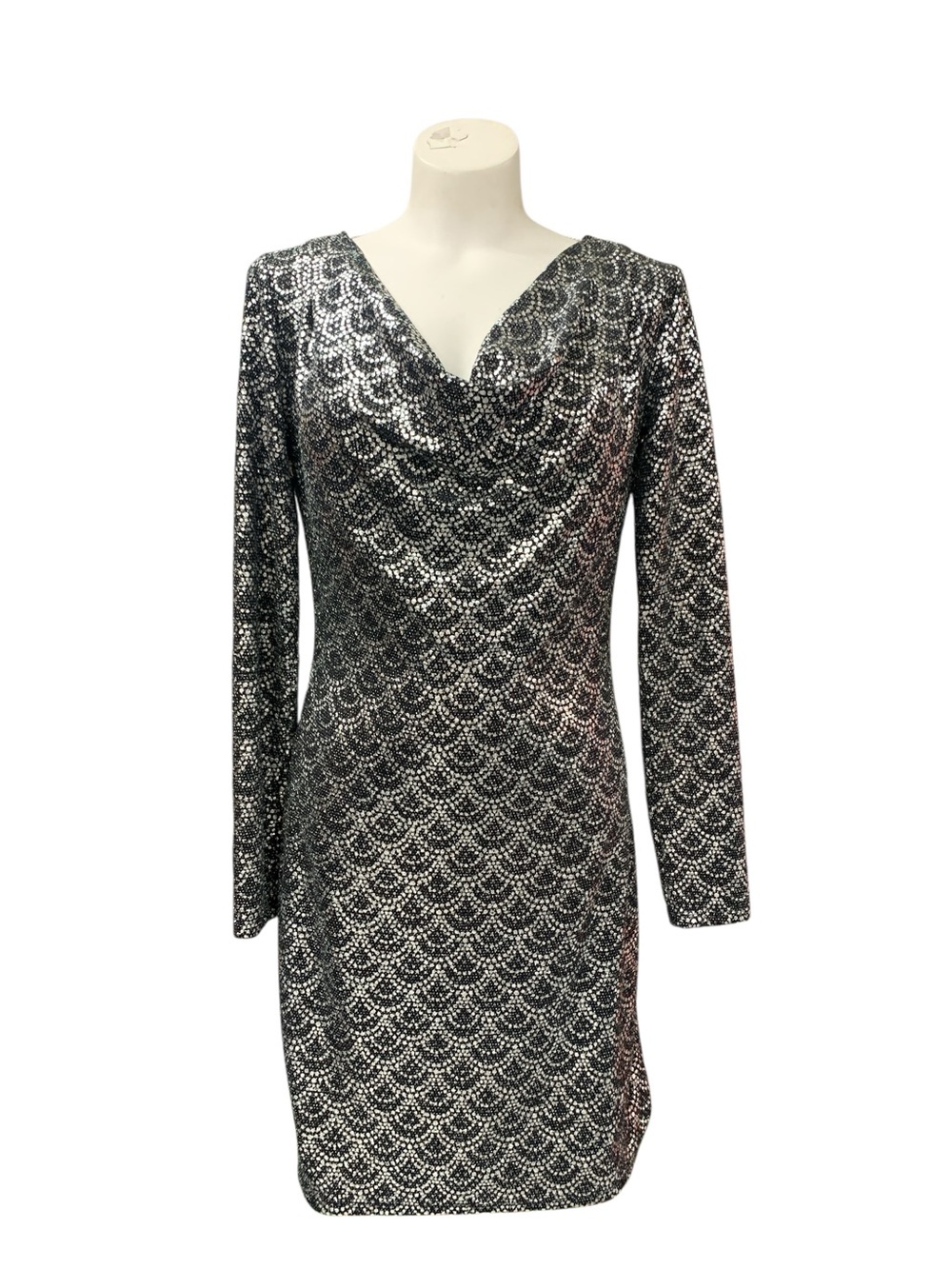 Michael Kors Silver and Black Sequin Long Sleeve V-Neck Dress Size M